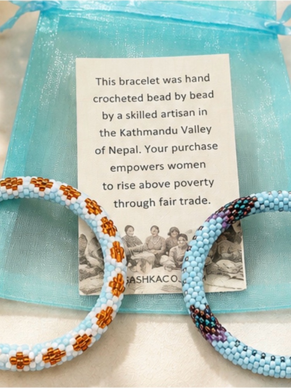 Light Blue Beaded Crochet Bracelet with Gold Accent - Fair Trade Artisan